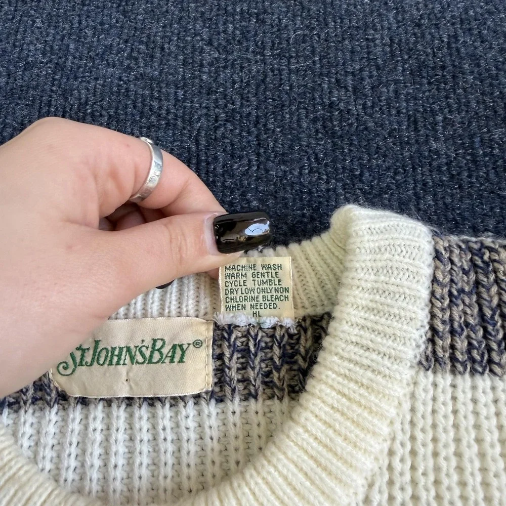 Vintage St. John's Bay Sweater Mens Medium Gray Striped Waffle Knit Crewneck - Picture 4 of 8